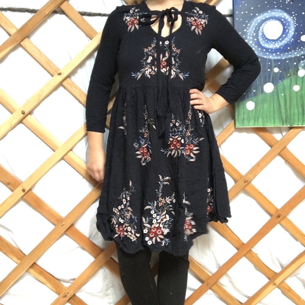 Navy Blue Embroidered Mini Dress